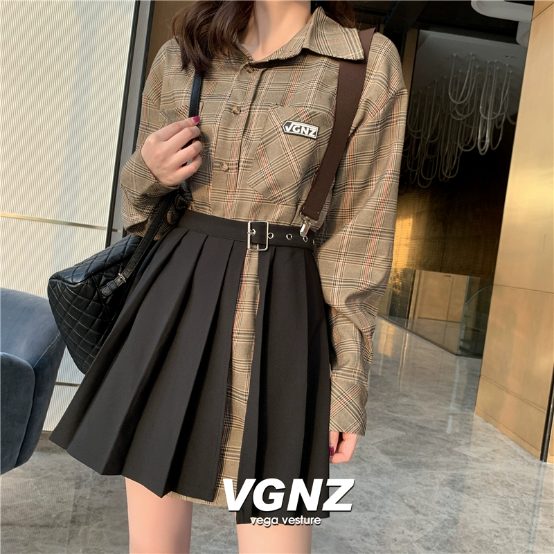VGNZ chính thức tóc thẳng retro kẻ sọc phong cách đại học phù hợp với áo sơ mi váy nữ cạp cao xếp ly váy hai mảnh - Váy eo cao