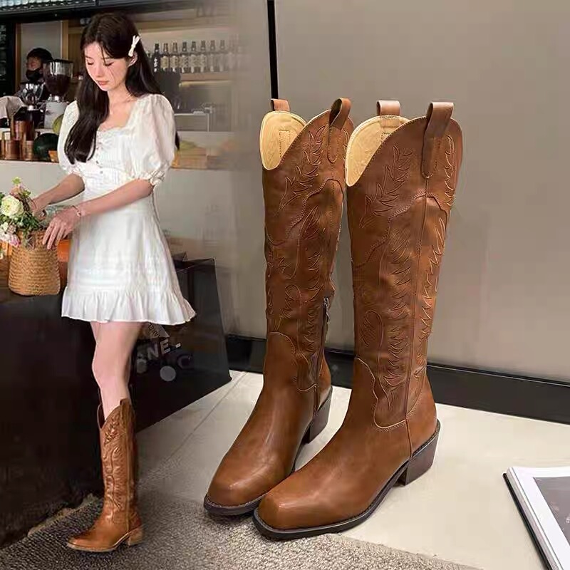 Same Style Long Boots, Genuine Leather, Embroidered, High-Heeled, V-Cut, Western Cowboy Boots, Brown Long Boots, Zipper, Riding Boots