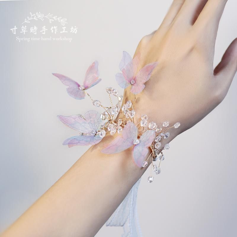 Superfairy little frescoed son's wedding bride wrist floral bridesmaid's hand ring floral blue pink butterfly crystal hand tied flowers-Taobao