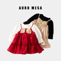 AuroMesa spring autumn girl Eugen yarn fake two dress with dress baby foreign air butterfly knot long sleeve princess dress