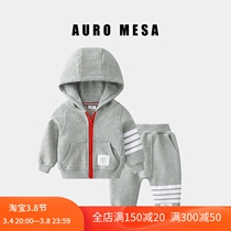 AuroMesa boy with even cap long sleeves zip-shirt trousers two pieces of spring autumn baby pure cotton casual suit