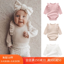 AuroMesa baby long sleeve bag fart in spring autumn lotus leaf side baby full cotton triangular khaki one-piece clothes climbing and climbing