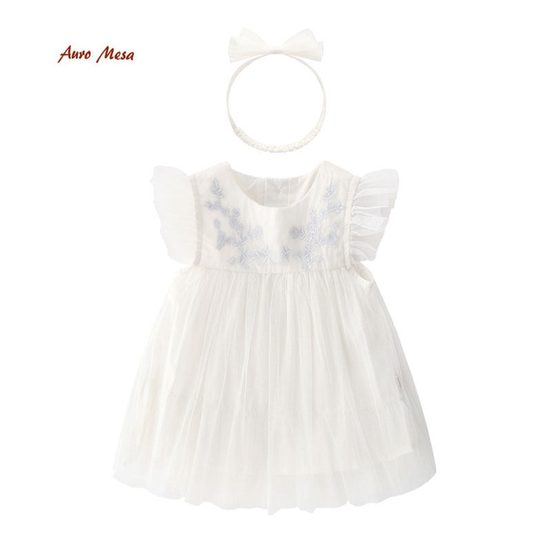 AuroMesa Baby white dress Summer female baby short sleeve princess skirt Super Fairy mesh skirt Hair band