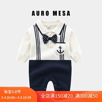 AuroMesa Male Treasure Academy Wind Pure Cotton Long Sleeves Knit Khaki Spring Autumn Baby Handsome GENTLEMAN CONJOINED CLOTHES