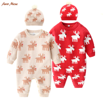 Baby autumn and winter knitted climbing clothes plus velvet warm ha clothes for boys and girls Christmas elk jumpsuit to send hat