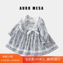 AuroMesa womens treasure blue crushed flower pure cotton long sleeve one-piece dress spring autumn girl big flap butterfly knot princess dress