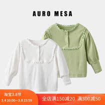 AuroMesa Baby Pure Color Lace Pit Bar Toddles Undershirt Spring Autumn Womens Treasure All-cotton Cover Head Long Sleeve T-shirt Blouse