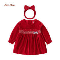 Enomontha Baby Fall Winter Dress Women's Treasure Velvet Red Festive Princess Dress New Year Pack Hair Tape