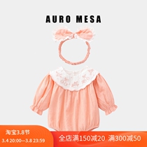 AuroMesa baby clothes sweet and beautiful embroidered lotus leaf collar triangle climbing to suit spring and autumn ladies pure cotton one-piece clothes
