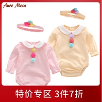 AuroMesa baby long-sleeved bag fart clothing spring and autumn female baby triangle crawling clothing newborn full moon romper headband