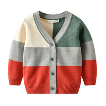 AuroMesa spring new boys color matching v-neck knitted coat men's treasure long sleeve knitted cardigan out top