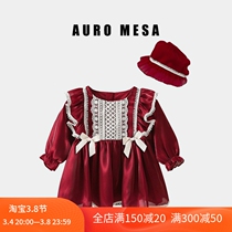 AuroMesa Spring New Long Sleeves Princess Dress Woman Treasure Ocean Wine Red Bow Tie Dress With a hat