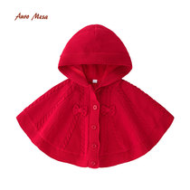 AuroMesa baby Cloak knitted jacket Girls Big red festive plus velvet warm knitted cloak windproof shawl