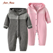 Baby Siamese Sweater Outlet Winter Thickened Double Knitted Climbing Clothing Baby Hooded Hackle Long Sleeve Cardigan