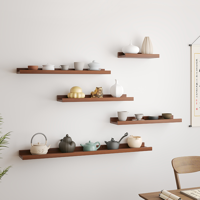 Solid Wood Wall-Mounted Shelf in Walnut Color, Cup Holder, Tea Cup and Water Cup Wall-Mounted Storage Rack, Pine Wood Shelf, Straight Board