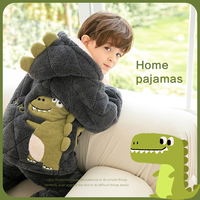 Little dinosaur children's pajamas winter thickened boy coral velvet boy three-layer cotton winter plus velvet home clothing