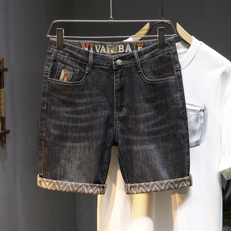 Summer Thin New Men's Denim Shorts, Stretchy Slim-Fit Straight-Leg Mid-Length Pants, Trendy Casual Printed Five-Point Pants