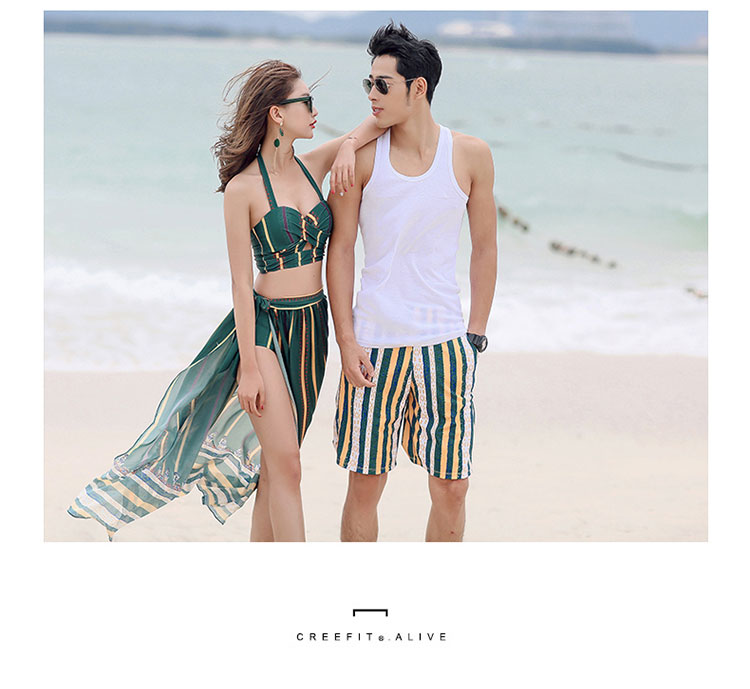 Cặp đôi đồ bơi phù hợp với áo tắm sọc mỏng bikini nữ ba mảnh ngực nhỏ thu thập vẻ đẹp trở lại eo cao che bụng 	đồ đi biển đôi hà nội