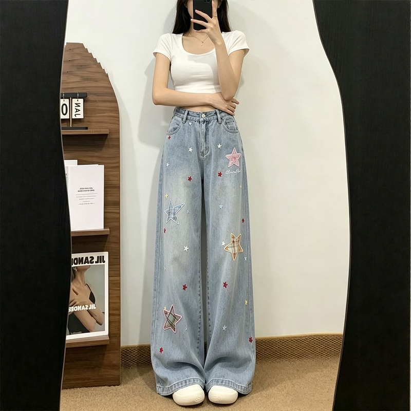 Dopamine Star Patch Wide-Leg Jeans for Women, Spring and Autumn, High-Waisted, Loose, Slimming, Straight-Leg Pants, Light Blue, Floor-Length Trousers