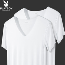 Playboy white short sleeve T-shirt men summer loose thin base shirt V neck Ice Silk no trace 2021 New Tide