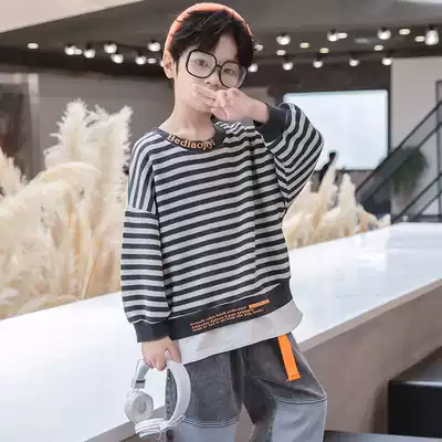 Boys ' autumn sweater new trend brand children's spring and autumn striped inner clothes middle and large children's Korean version of the top fake two pieces