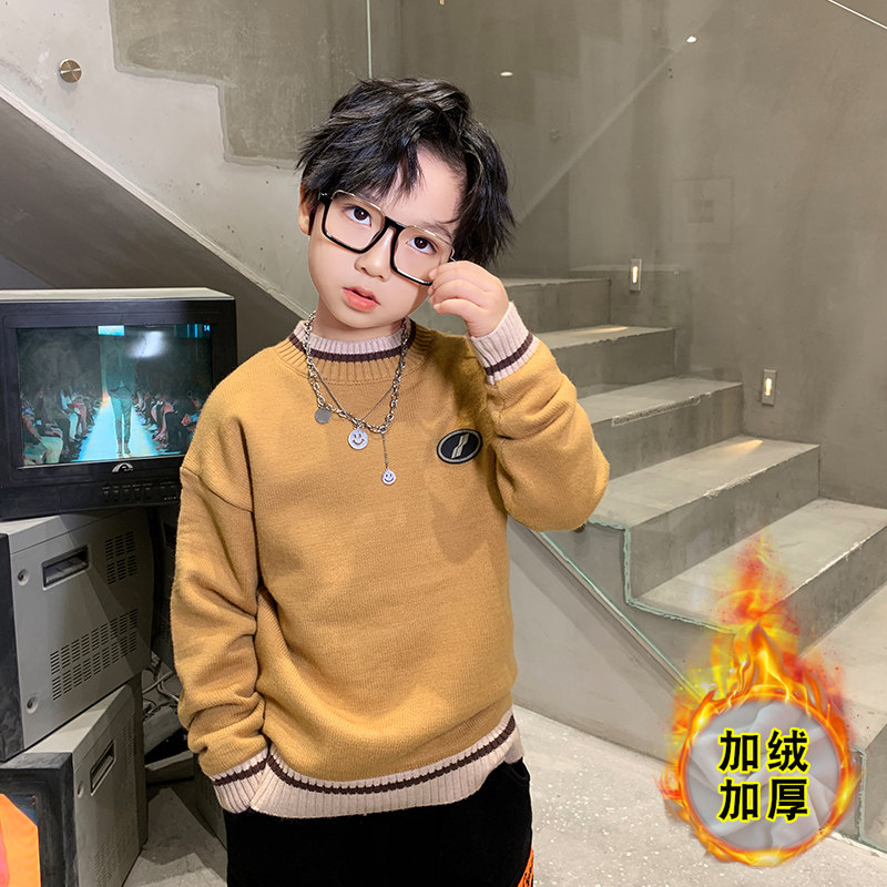 Boys 2020 new children's suit middle and large children's Korean version pullover Western style plus velvet thick sweater autumn and winter fashion