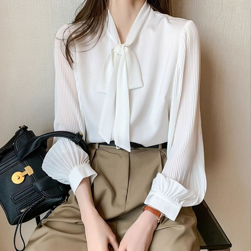 Bow Tie Business Attire White Shirt for Women 2026 Spring New Style Flutter Collar Long Sleeve Loose Stylish Chiffon Top