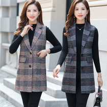 Middle-aged womens spring and autumn long plaid vest mother Autumn Winter woolen vest jacket suit collar waistcoat