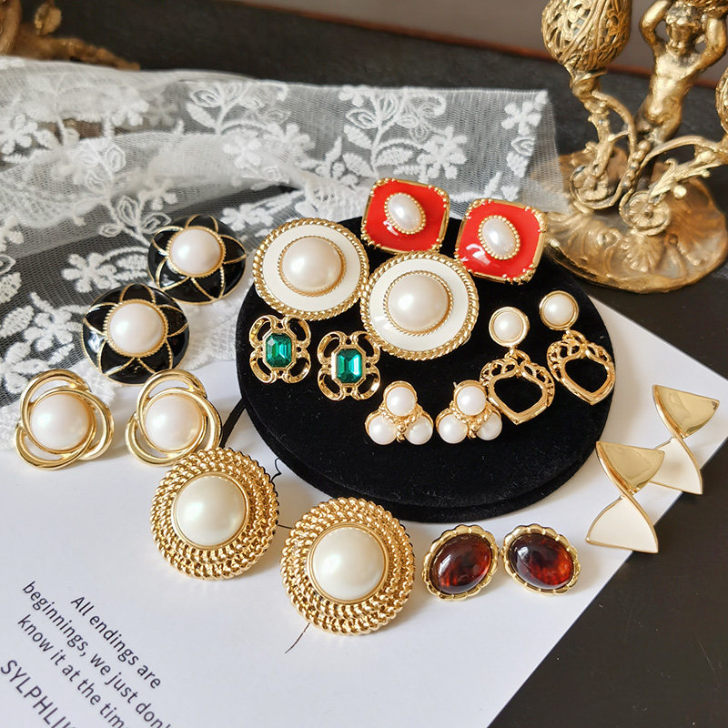 vintage overseas custom retro antique modern engraving all-match elegant enamel pearl hypoallergenic ear clip ear pin