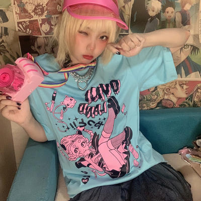 Original trendy brand comic print sweet and cool T-shirt from fragmented novels, retro Harajuku style loose round-neck short-sleeved