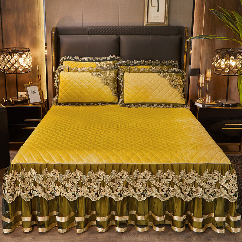 Autumn and Winter Warm Quilted Crystal Velvet Duvet Cover Single Piece Thickened Warm Short-Haired Coral Velvet Bed Skirt Duvet Cover Three or Four-Piece Set