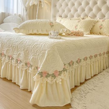 Winter Thickened Milk Velvet Lace Bed Cover Single Piece Three-Piece Set Quilted Cotton Solid Color Short Plush Lace Bed Skirt