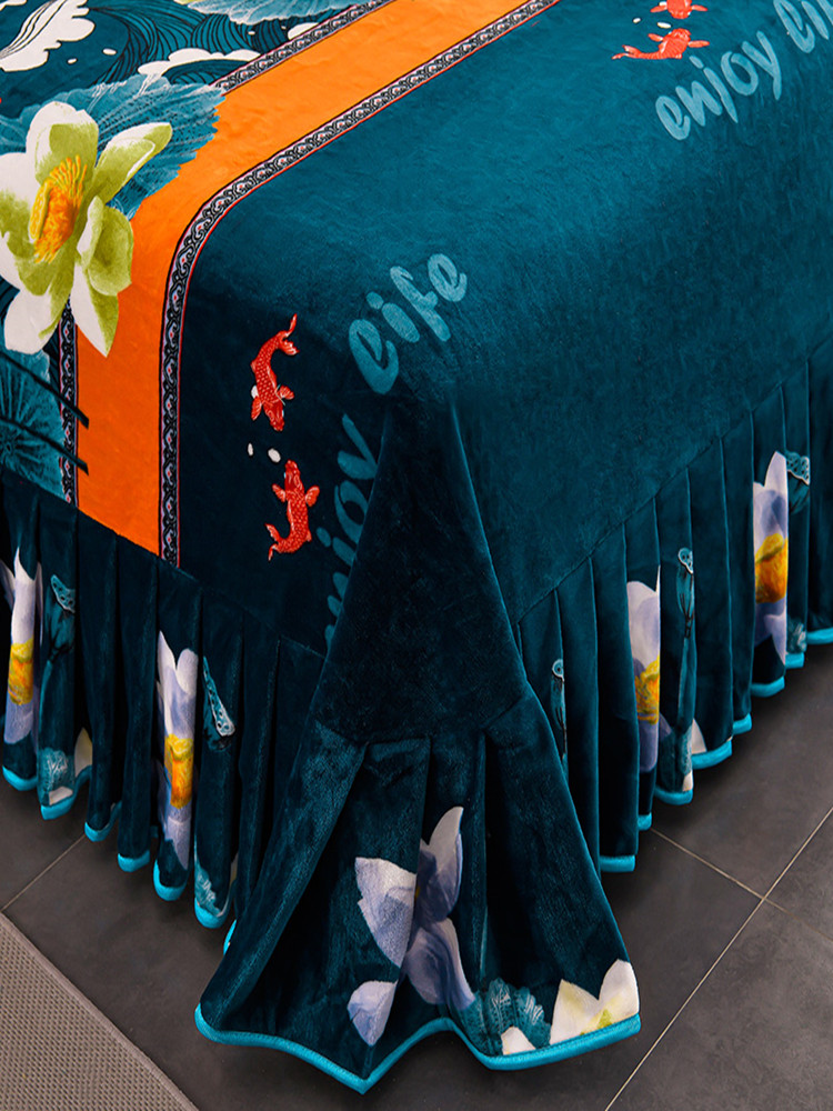 Winter Thickened Double-Sided Milk Velvet Four-Piece Set, Flannel Duvet Cover, Bed Skirt Style, Golden Mink Coral Velvet Bed Sheet, Non-Shedding