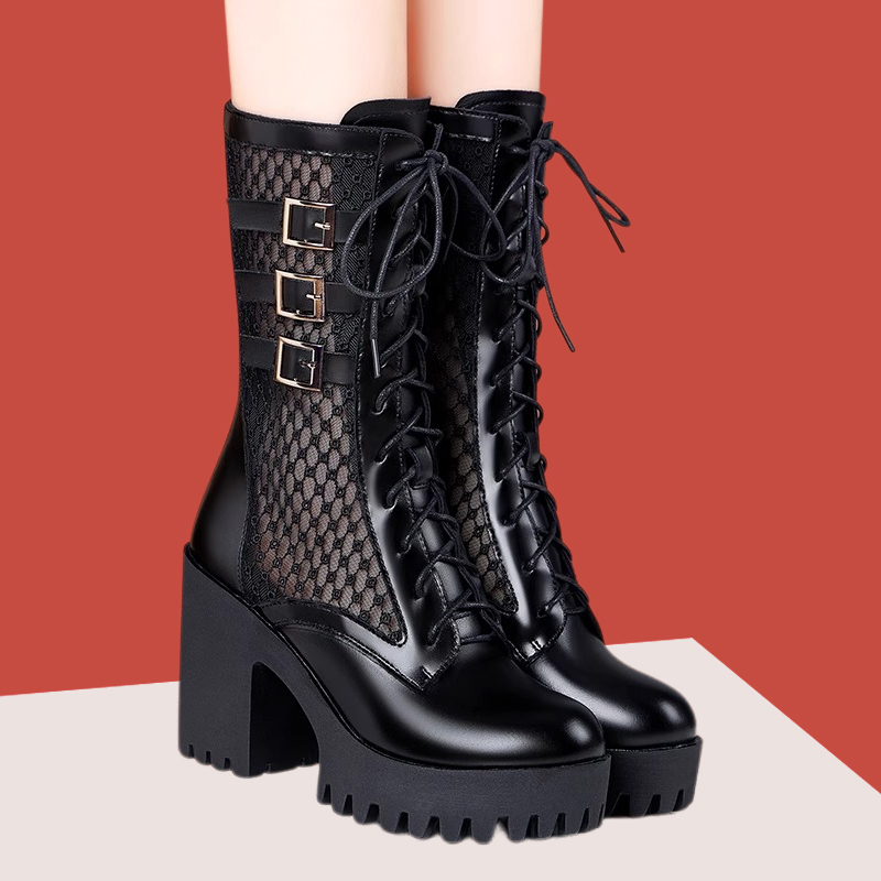 Soft Leather Waterproof Platform Thick Heel High Heel Breathable Mesh Sandals Women's New High Heel Thick Heel Lace-Up Fashion Long Mesh Boots