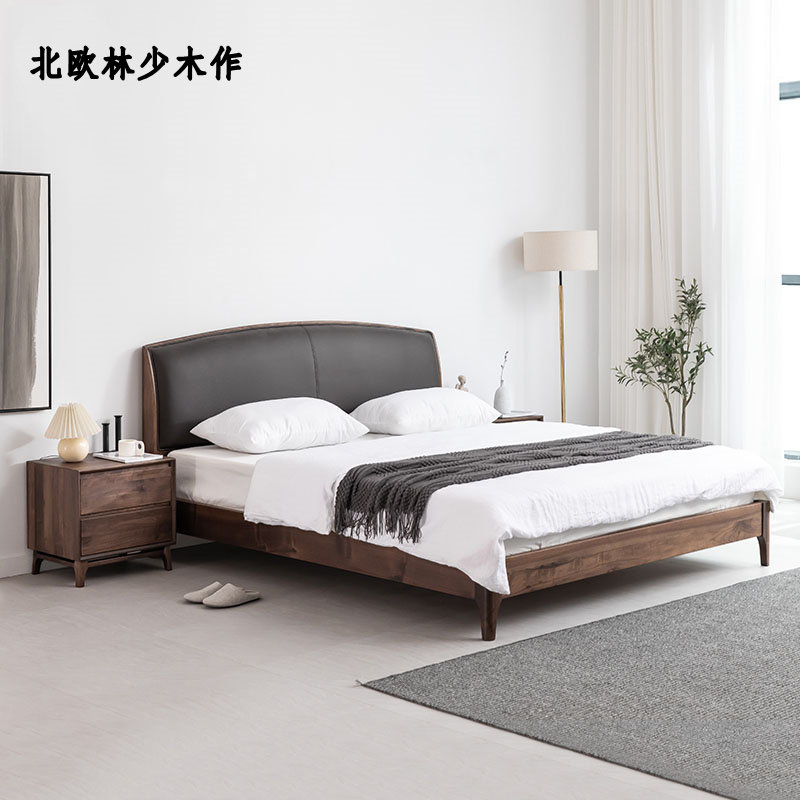 Nordic solid wood bed black walnut veneer bed bedroom 1 8m double bed Japanese style log modern minimalist master bedroom king bed