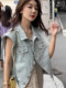 Retro Hong Kong Style Denim Vest Jacket Women's Summer Loose Slim Casual Versatile Sleeveless Waistcoat Work Jacket Top