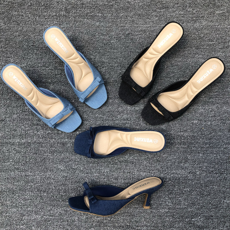 New Foreign Trade Denim Bow-Knot Dress with Stiletto High Heels, Slip-On Comfortable Soft-Soled Sandals for Women