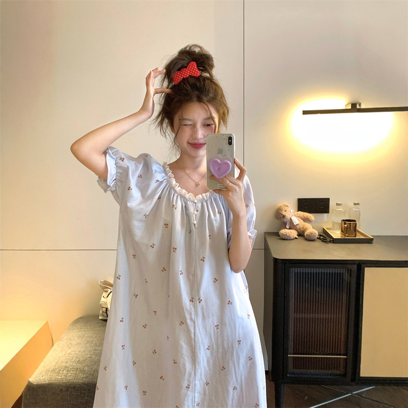 Sweet Girly Lace-Trimmed Pure Cotton Linen Striped Cherry Pajamas for Women, New Summer Short-Sleeved Nightgown, Loose-Fitting Loungewear
