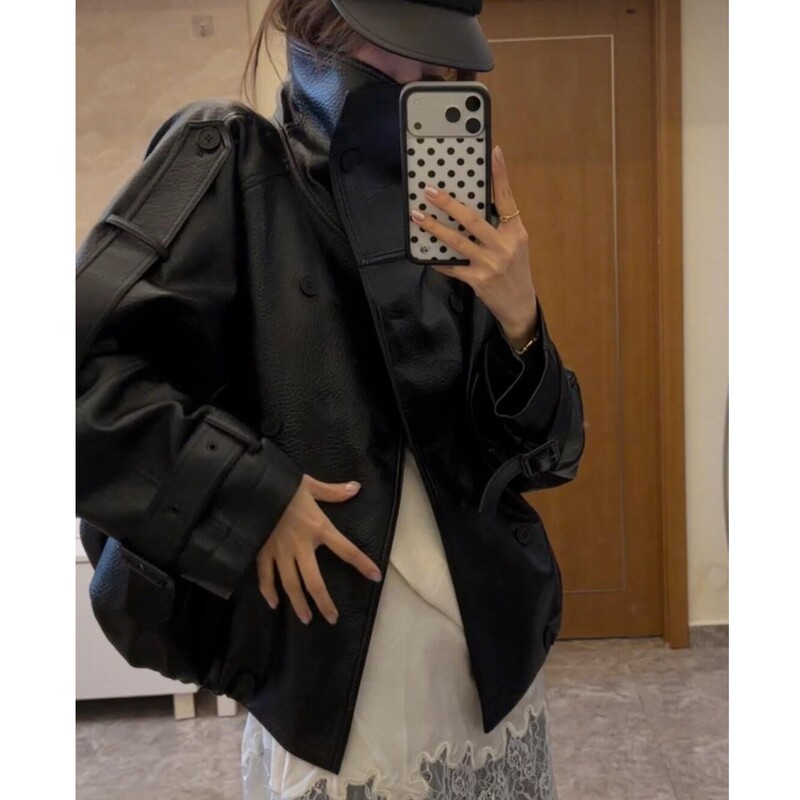 High-End Stand-Up Collar Korean-Style Biker Leather Jacket for Women 2026 Spring and Autumn Ac Lychee Pattern Waist-Cinching Loose Jacket