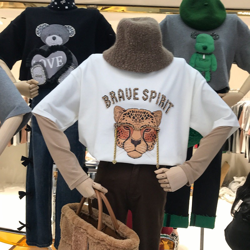 磨毛短袖t恤女2023秋冬加厚重工镶钻时尚老虎头上衣ins潮一件代发详情3