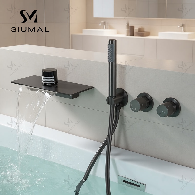 Concealed Bathtub Faucet, Wall-Mounted Hot and Cold Shower Set, Bathtub-Side Large Waterfall Wall-Mounted Faucet