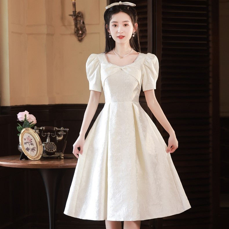 White Formal Dress for Registration Ceremony, Elegant Women's Dress for Banquet, French-Style High-End Dress for Coming-Of-Age Ceremony and Graduation Ceremony