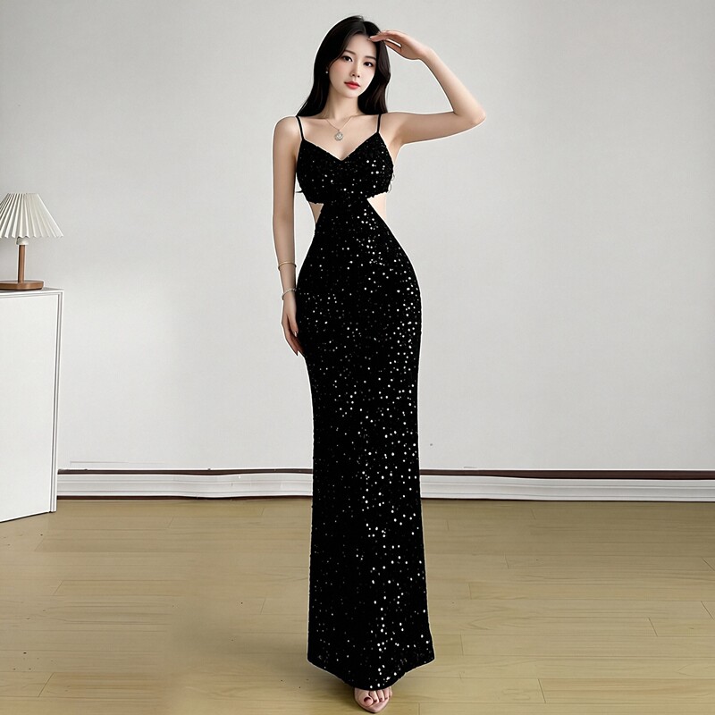 Sexy Black Spaghetti Strap Mermaid Gown with Heavy Sequin Embellishment, Cut-Out Waist, Long Dress for Birthday Party, Elegant Evening Dress Sexy Black Spaghetti Strap Mermaid Gown with Heavy Sequin Embellishment, Cut-Out Waist, Long Dress for Birthday Party, Elegant Evening Dress