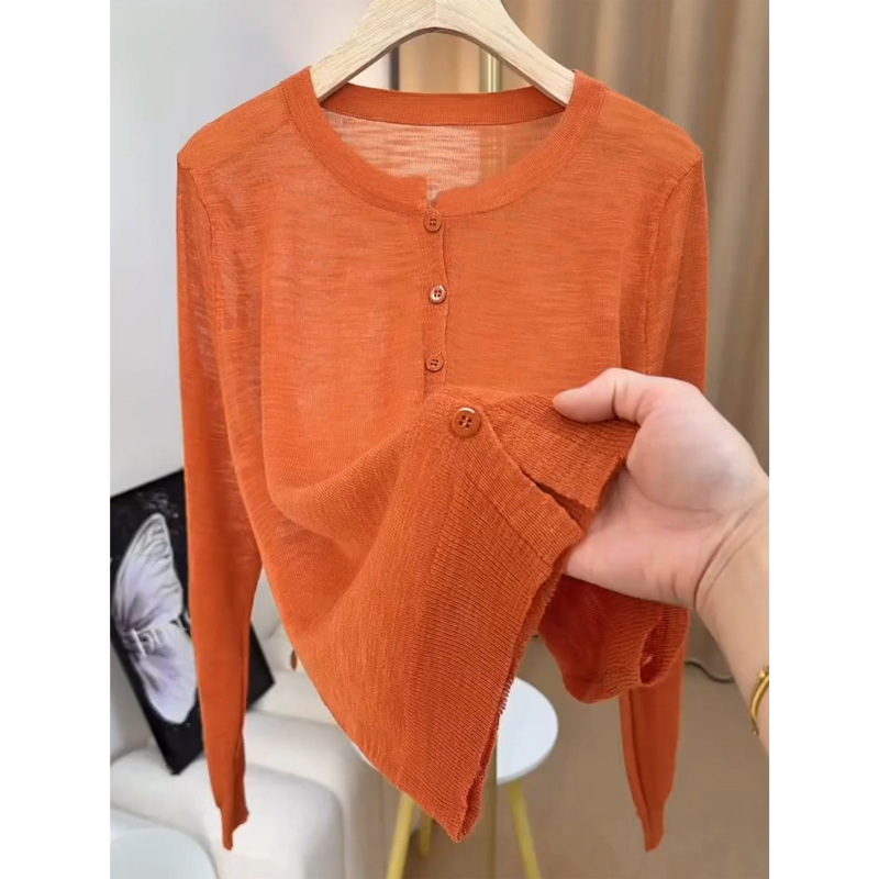 Korean-Style Round-Neck Buttoned Long-Sleeve Sun-Protective Knit Cardigan for Women, 2026 Early Autumn New Model, Orange Loose-Fitting Versatile Top Korean-Style Round-Neck Buttoned Long-Sleeve Sun-Protective Knit Cardigan for Women, 2026 Early Autumn New Model, Orange Loose-Fitting Versatile Top