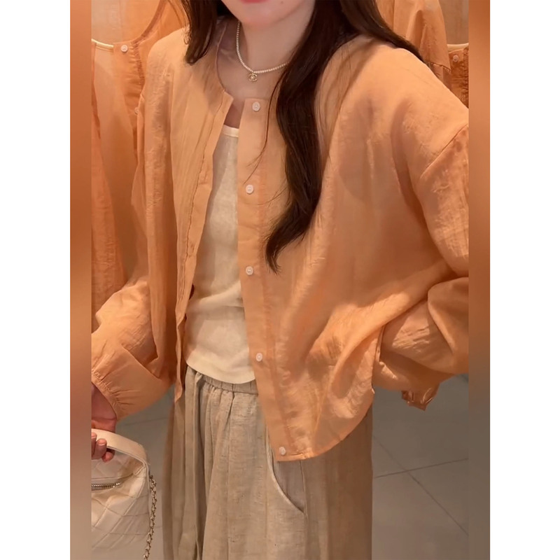 Lazy Style Linen Sun Protection Shirt for Women 2026 Summer New Long-Sleeved Loose Versatile Orange Cardigan Jacket Top Lazy Style Linen Sun Protection Shirt for Women 2026 Summer New Long-Sleeved Loose Versatile Orange Cardigan Jacket Top