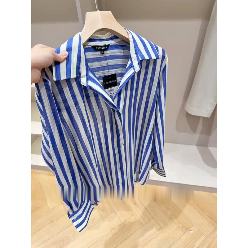 Commuting Style Blue and White Striped Polo Collar Long-Sleeved Shirt for Women 2026 Summer New Loose Slimming Nautical Style Top Commuting Style Blue and White Striped Polo Collar Long-Sleeved Shirt for Women 2026 Summer New Loose Slimming Nautical Style Top
