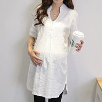Mùa thu áo cổ chữ V cho bà bầu sơ mi size lớn mùa xuân và mùa thu chuyên nghiệp cho bà bầu áo dài tay áo sơ mi trắng - Áo thai sản áo bầu đẹp