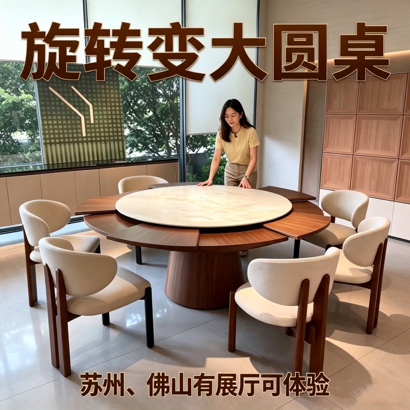 Rock Slab Rotating and Retractable Round Dining Table, Adjustable Size, Multifunctional Round Dining Table, Walnut Wood Vintage Dining Table