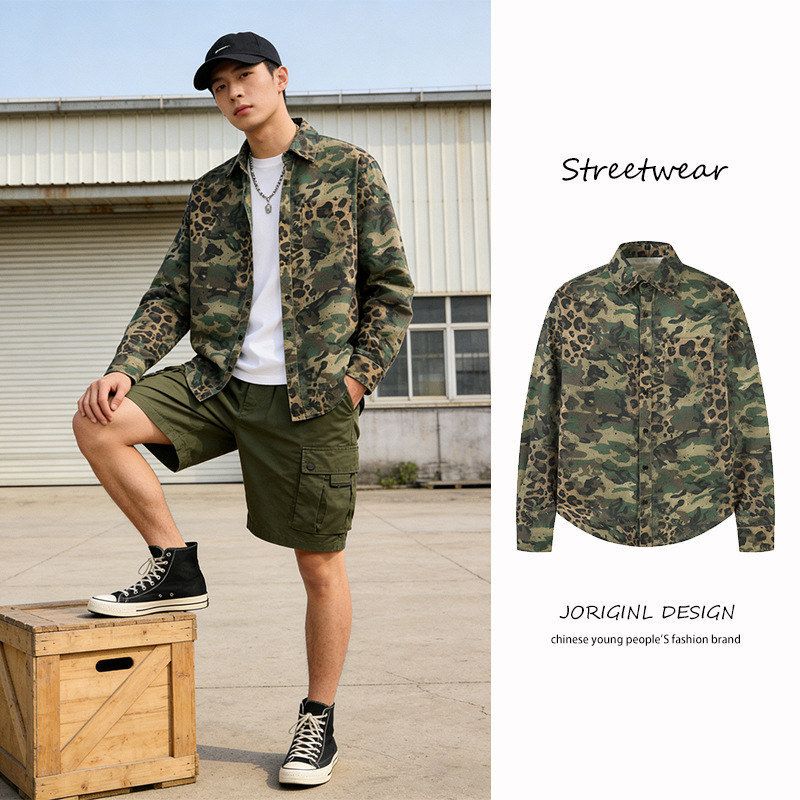 Leopard Print Camouflage Arc Hem Loose Shirt for Men, New Spring Outdoor Retro Patchwork Long-Sleeve Casual Top for Women