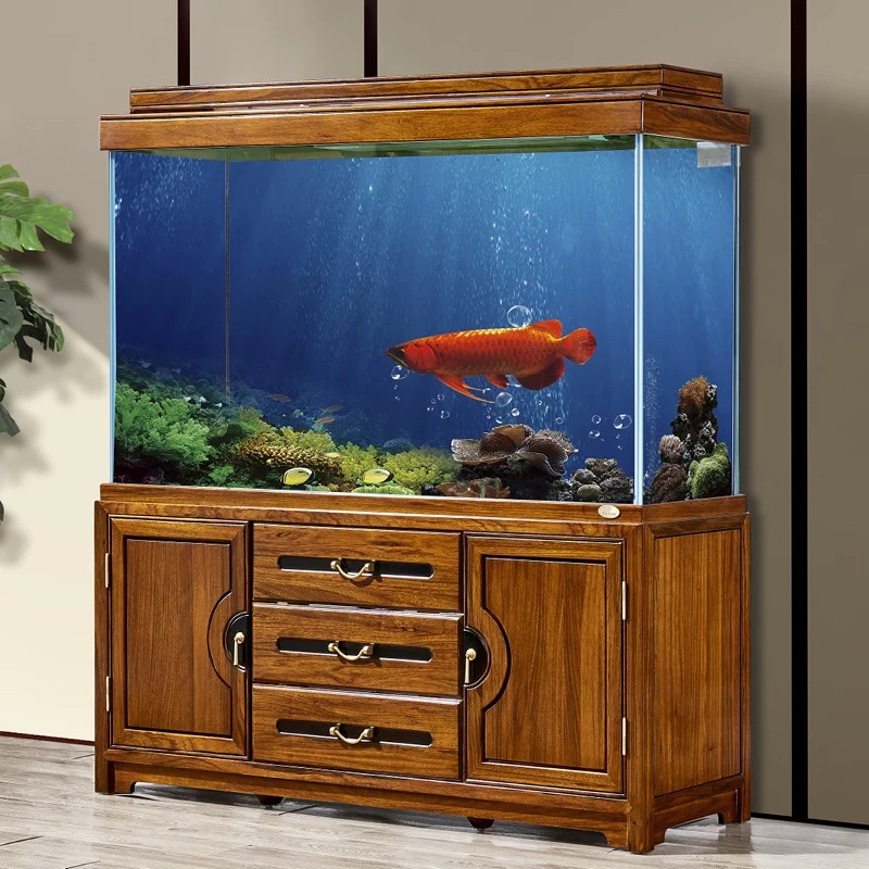 New Chinese mood Jiangnan ultra white glass relies on wall fish tank solid wood filtration and set